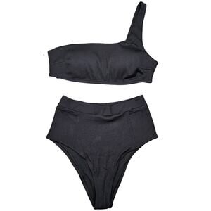 AERIE ONE‑SHOULDER BIKINI SET – WOMEN’S M – BLACK – HIGH‑WAIST BOTTOMS – NWT